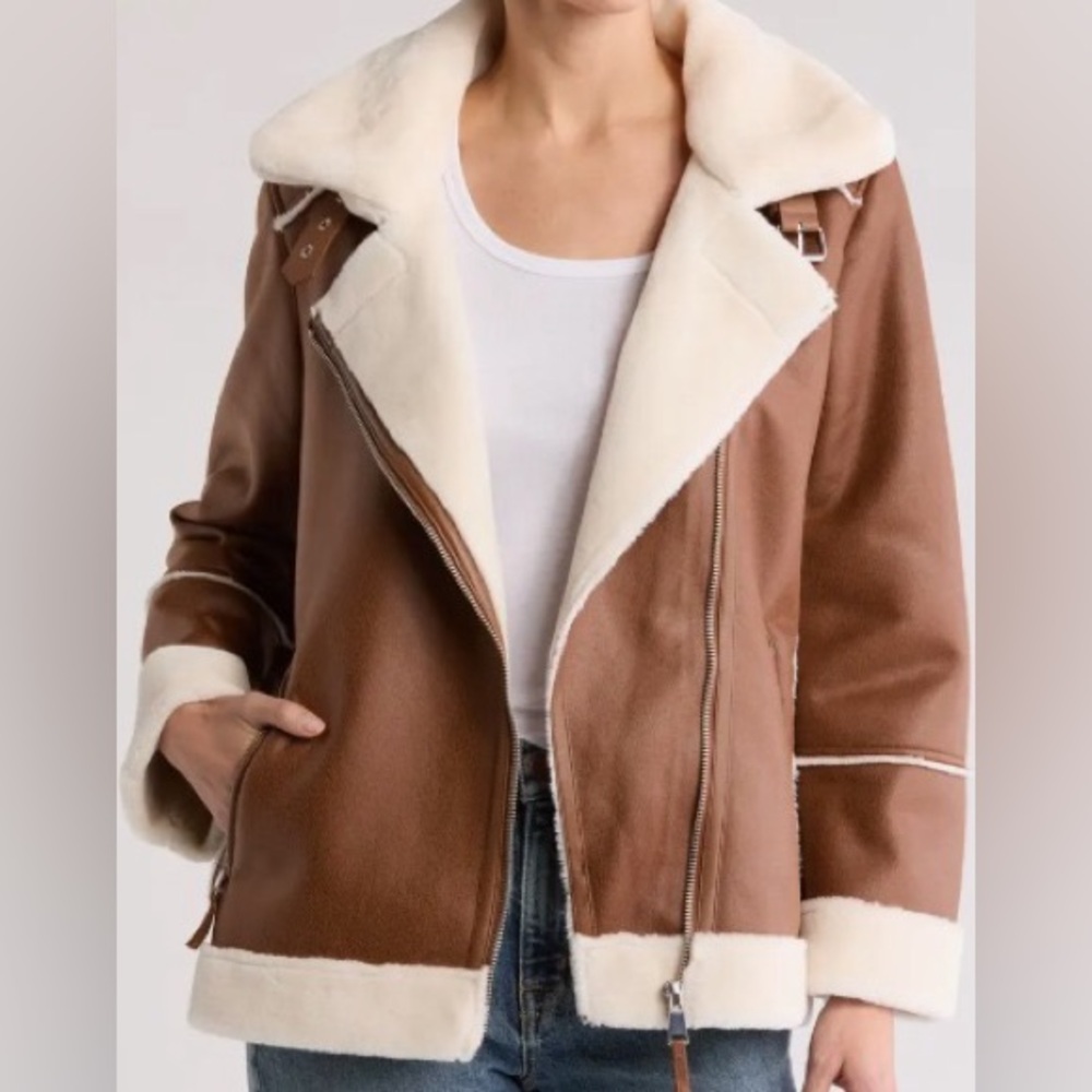 Faux Fur Trimmed Faux Fur Leather Moto Jacket